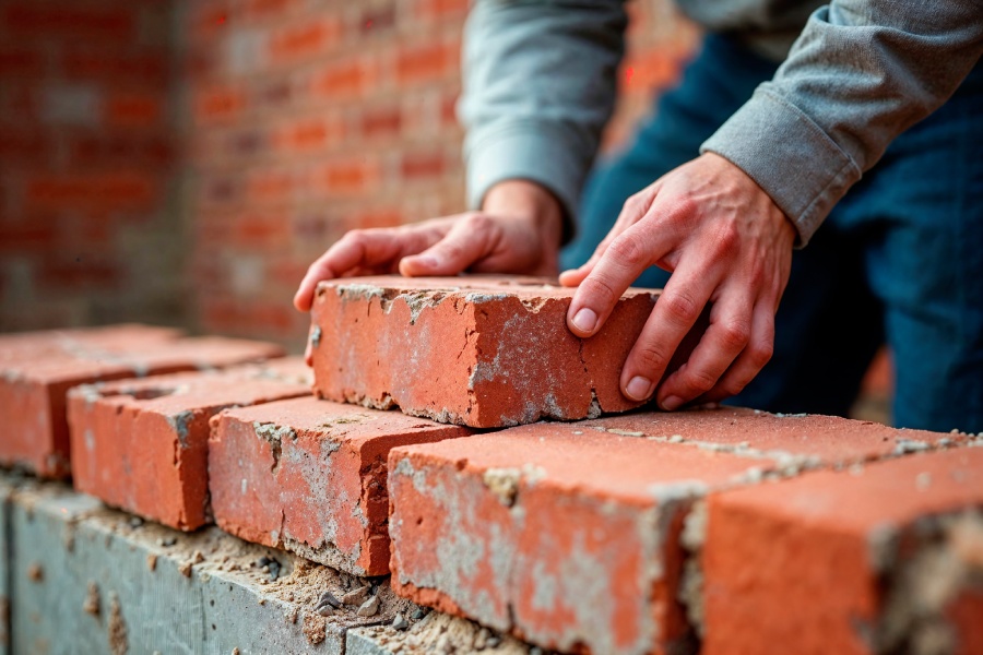 Maçonnerie générale sur chantier résidentiel, réalisation de murs porteurs et dalles béton avec finition soignée.